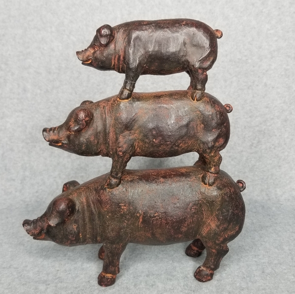3 Pigs Stacked Figurine Antique Style Farm Decor Brown 9.5"H - Picture 1 of 11
